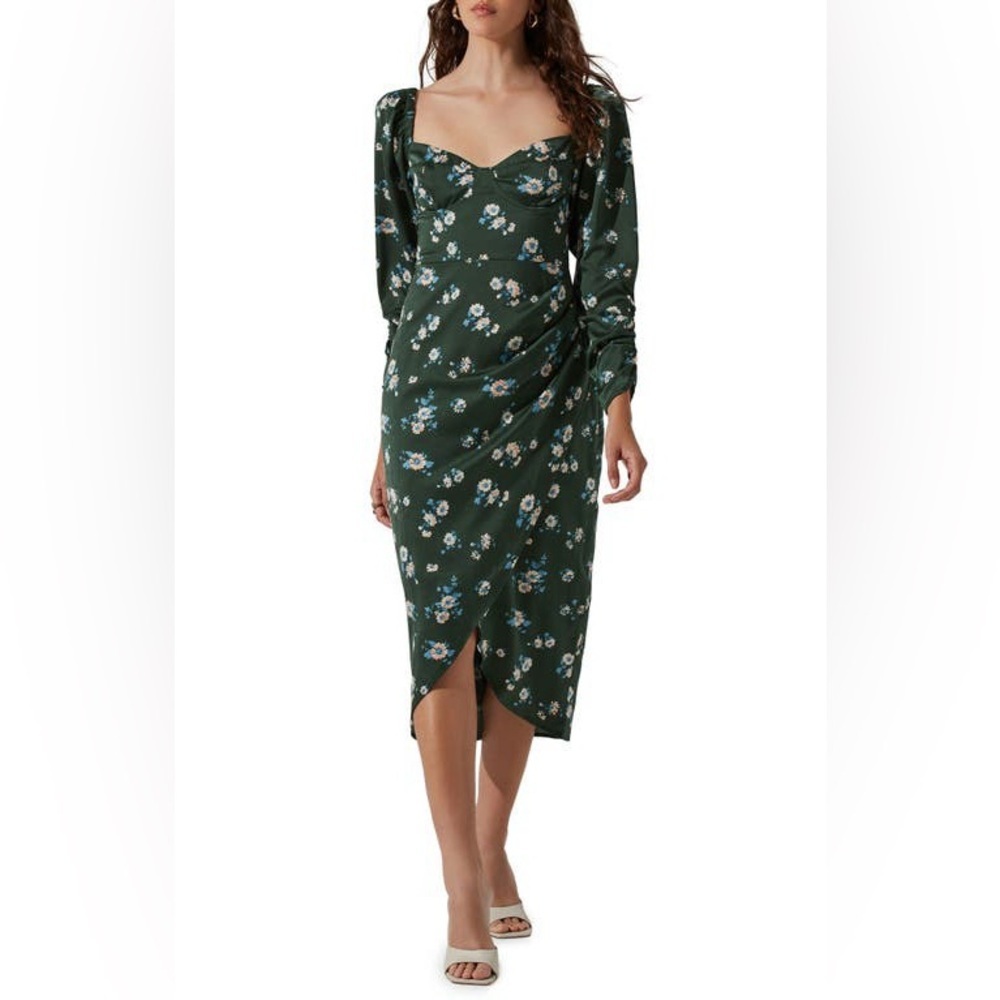 🎀 ASTR THE LABEL green floral satin milk maid dress XL Euc - Picture 13 of 13